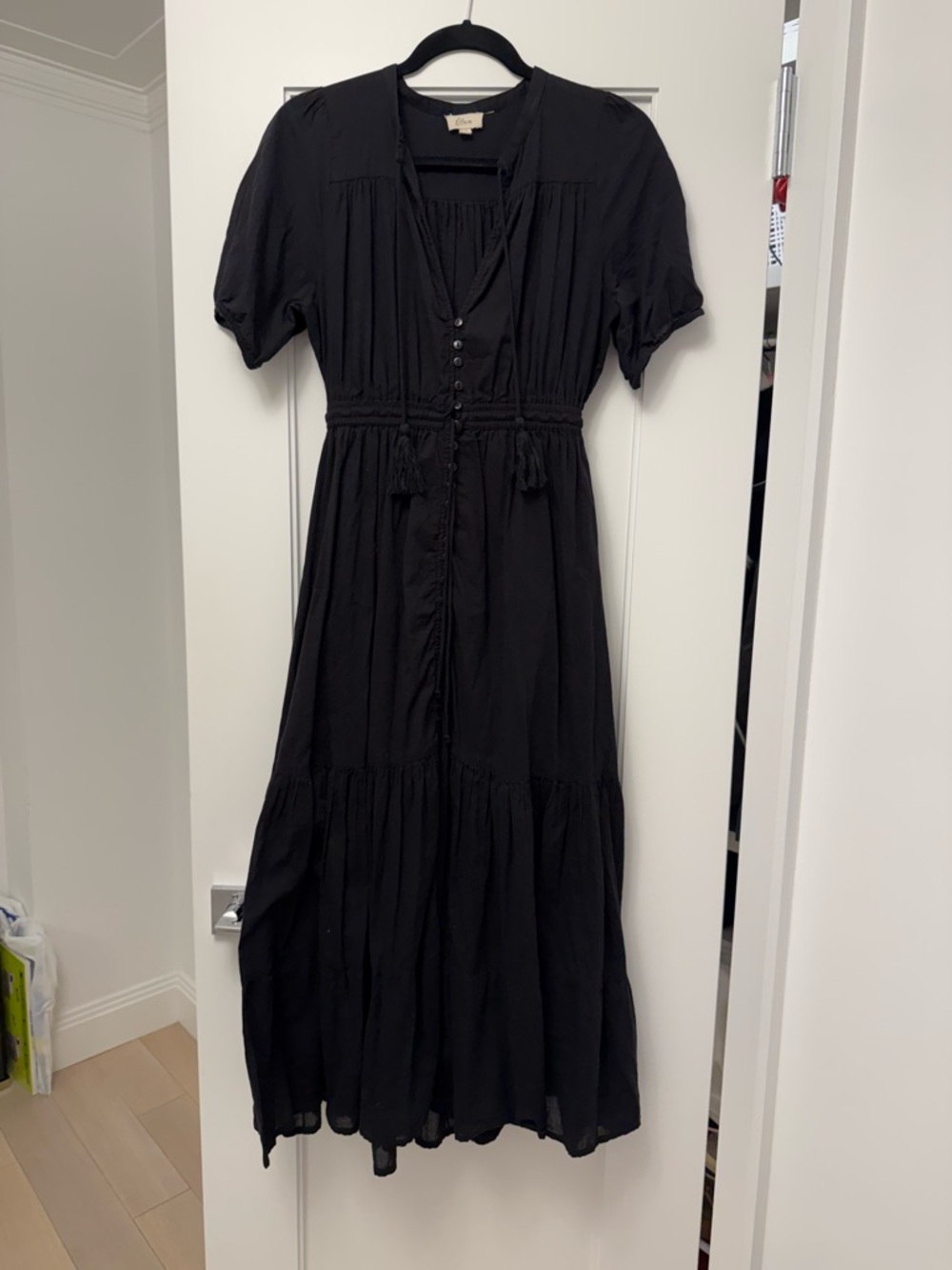 Elan Black Tiered Button-Front Maxi Dress with Waist Tie